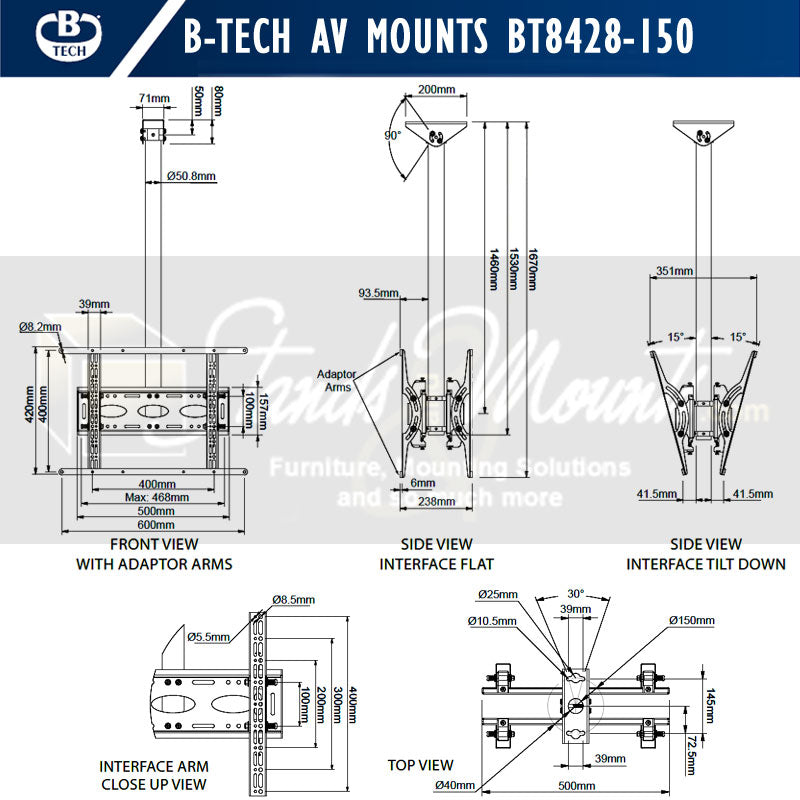 B-Tech Back-to-Back Universal TV Ceiling Mount BT8428-150/B, ceiling display mount technical dimensions