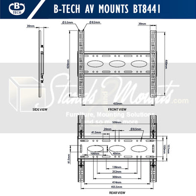 B-Tech Large Fixed TV Wall Mount BT8441/B, display wall mount dimensions diagram