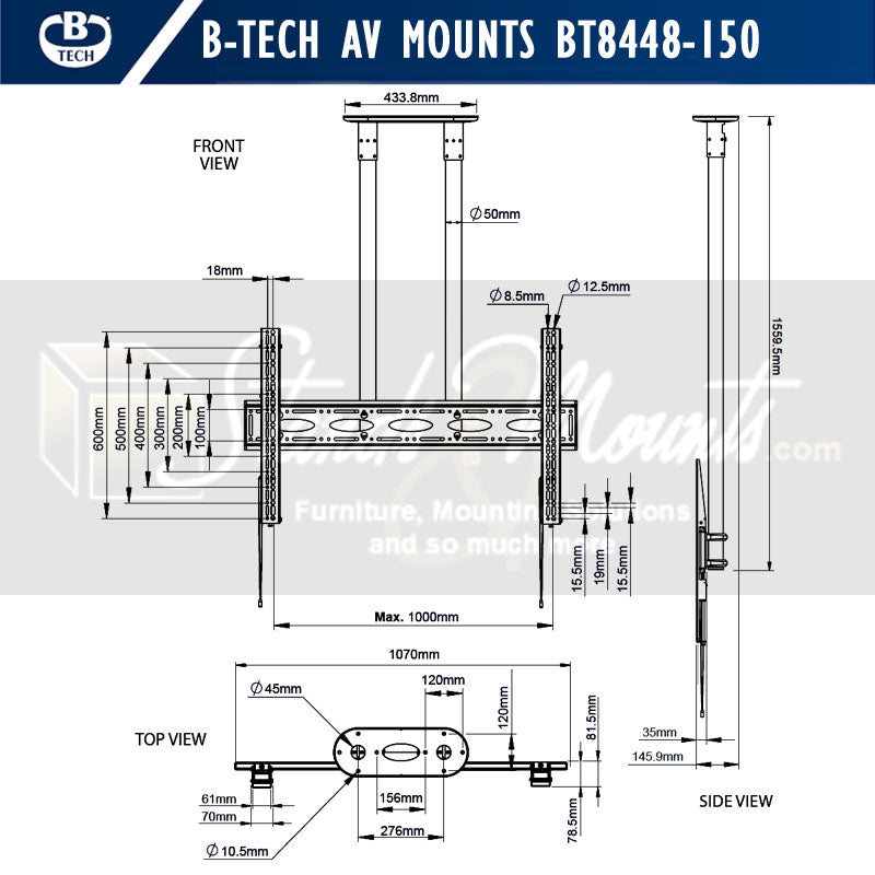 B-Tech XL Universal TV Ceiling Mount BT8448-150/BB, ceiling TV mount dimensions diagram