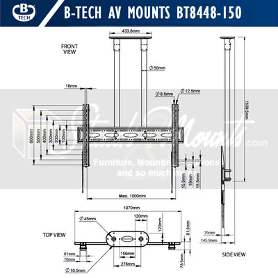 B-Tech XL Universal TV Ceiling Mount BT8448-150/BB, ceiling TV mount dimensions diagram