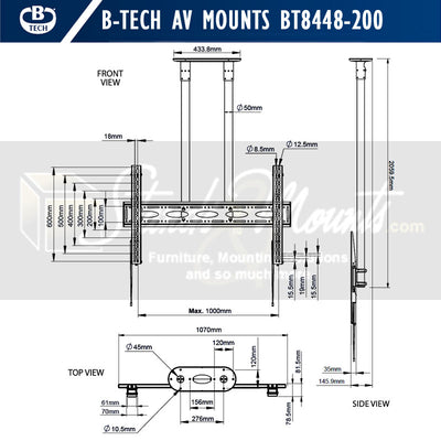B-Tech XL Universal TV Ceiling Mount BT8448-200/BB, ceiling display mount dimensions diagram