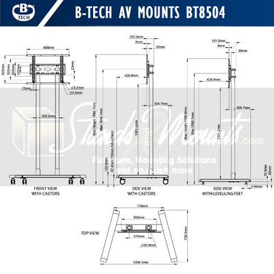 B-Tech Large Universal TV Cart BT8504/BB, portrait display cart dimensions diagram
