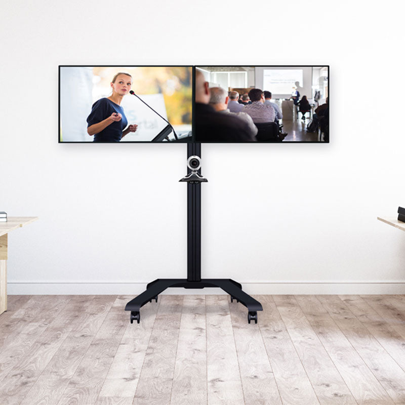 B-Tech Universal Dual Screen VC Cart BT8514/WW, mobile dual-display cart installed front view