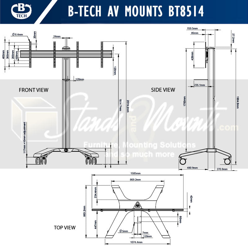 B-Tech Universal Dual Screen VC Cart BT8514/WW, mobile dual-display cart dimensions diagram