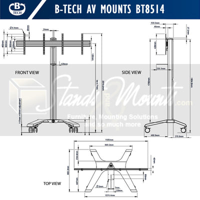 B-Tech Universal Dual Screen VC Cart BT8514/WW, mobile dual-display cart dimensions diagram