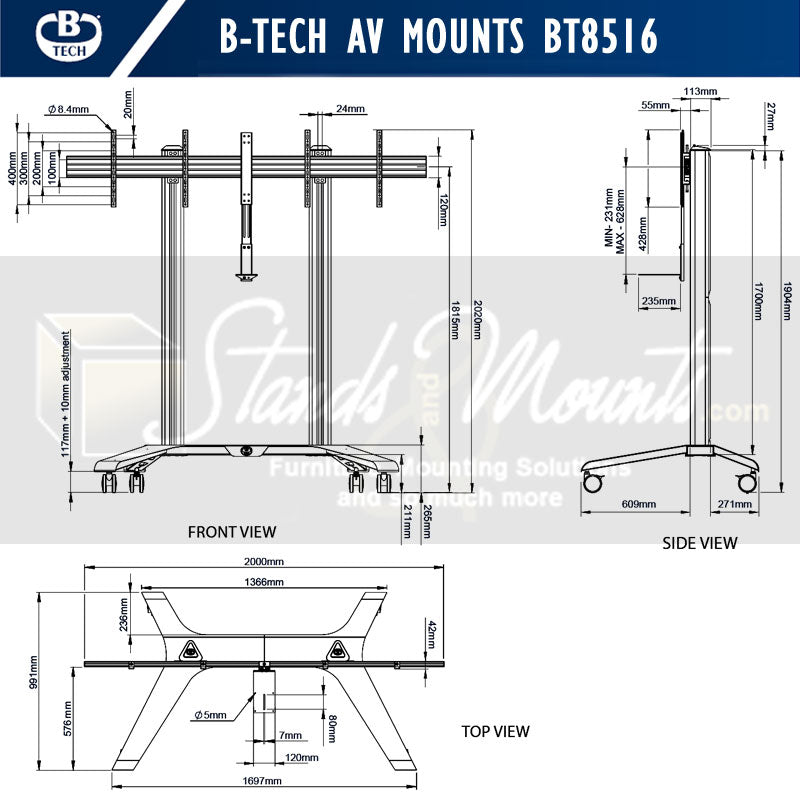 B-Tech Universal Dual Screen VC Cart BT8516/B, mobile dual-display cart technical dimensions diagram