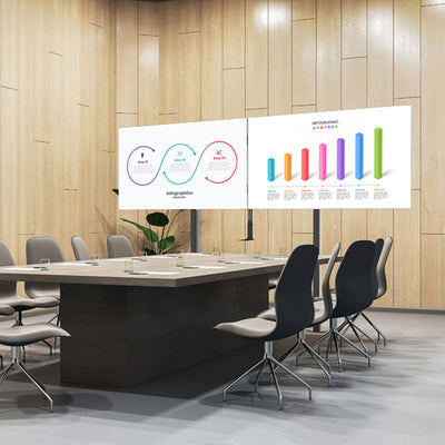 B-Tech XXL Bolt-Down Dual Screen VC Stand BT8538/BB, dual displays wall-installed in meeting room