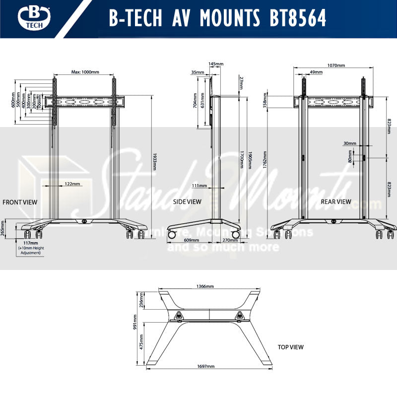 B-Tech Extra Large Universal TV Cart BT8564/BB, mobile dual-post display cart dimensions diagram