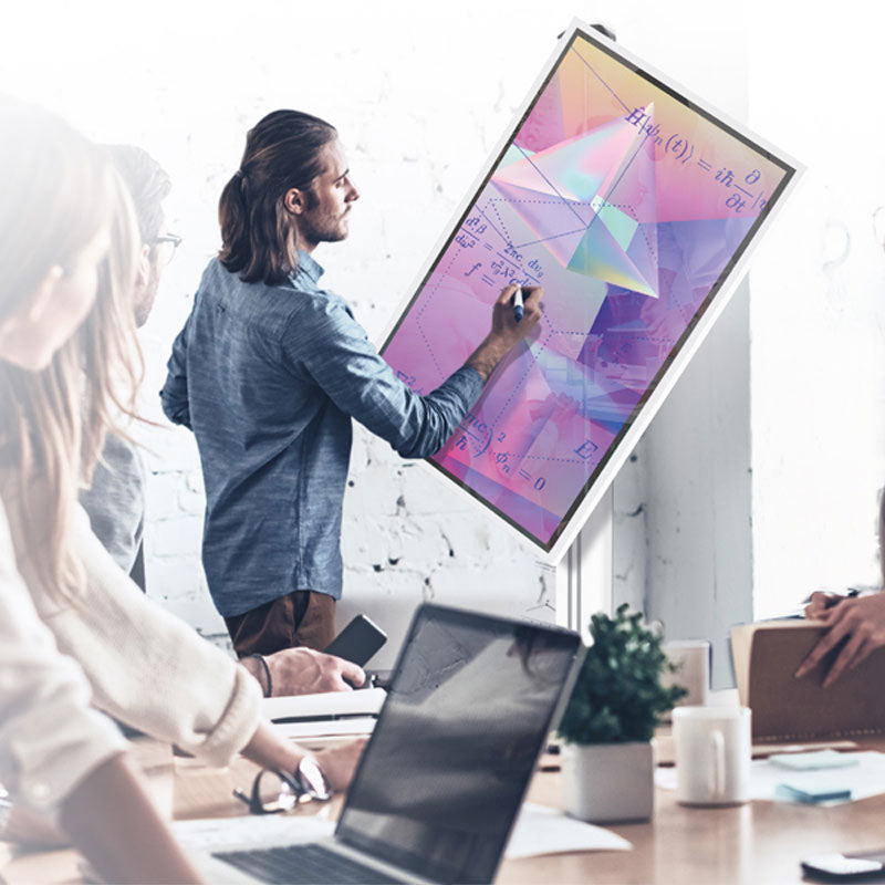 B-Tech Large Rotating TV Cart BT8566/BB, person using an interactive display rotated to an angled position