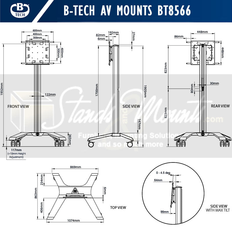 B-Tech Large Rotating TV Cart BT8566/BB, mobile interactive display stand dimensions diagram