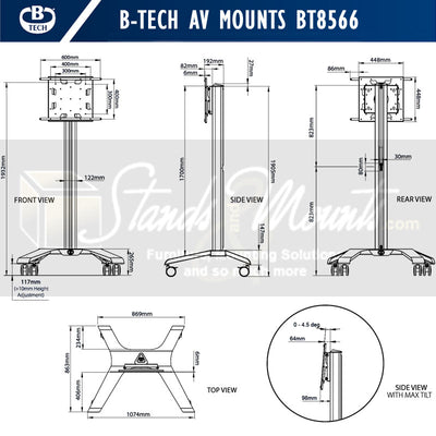 B-Tech Large Rotating TV Cart BT8566/BB, mobile interactive display stand dimensions diagram