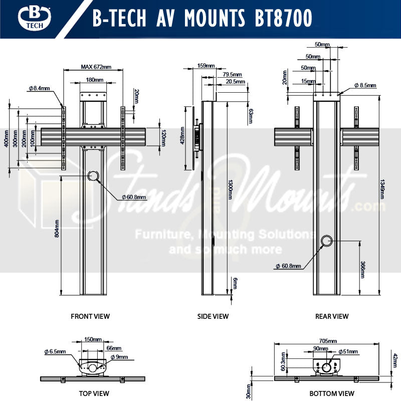 B-Tech Mode-AL Premium Large Floor-To-Wall TV Stand BT8700/B, display floor stand technical dimensions from multiple views