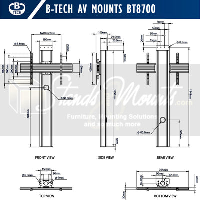 B-Tech Mode-AL Premium Large Floor-To-Wall TV Stand BT8700/B, display floor stand technical dimensions from multiple views