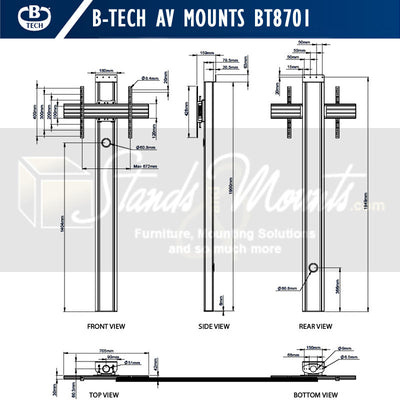 B-Tech Mode-AL Premium Large Floor-To-Wall TV Stand BT8701/B, dual-pole display stand dimensions diagram