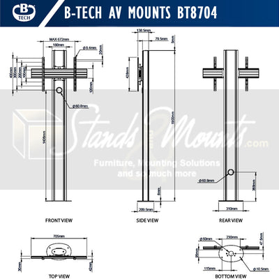 B-Tech Mode-AL Premium Large Bolt Down TV Stand BT8704/B, floor display stand technical dimensions