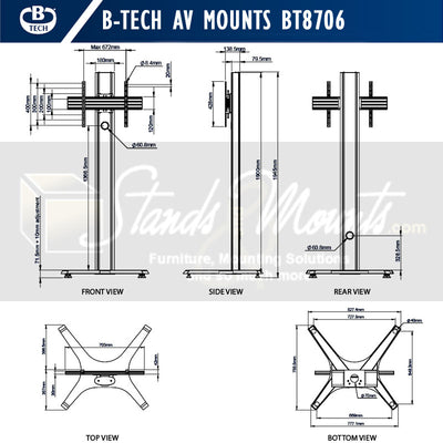 B-Tech Mode-AL Premium Large Freestanding TV Stand BT8706/B, tripod display stand dimensions diagram