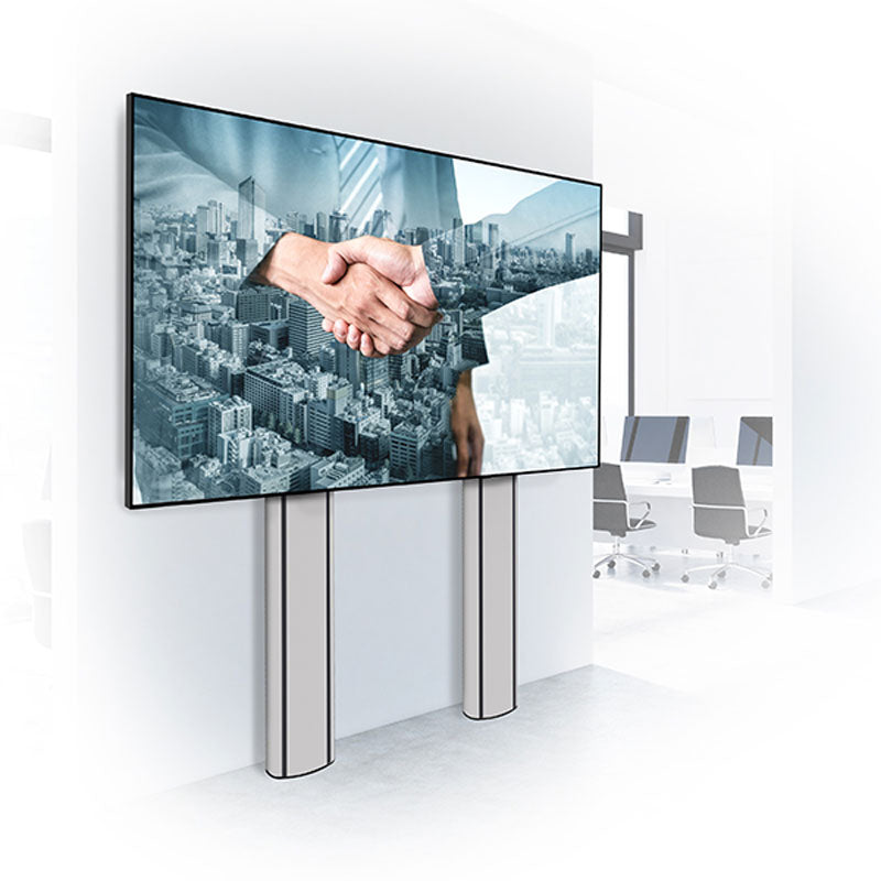 B-Tech Mode-AL Premium XL Floor-To-Wall TV Stand BT8707/B, floor-standing dual-post display mount installed