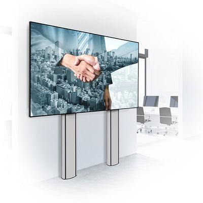 B-Tech Mode-AL Premium XL Floor-To-Wall TV Stand BT8707/B, floor-standing dual-post display mount installed