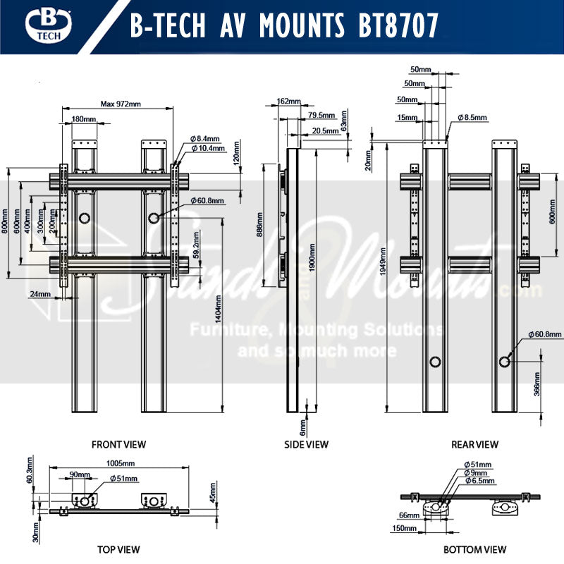 B-Tech Mode-AL Premium XL Floor-To-Wall TV Stand BT8707/B, floor-standing dual-post display mount technical dimensions diagram