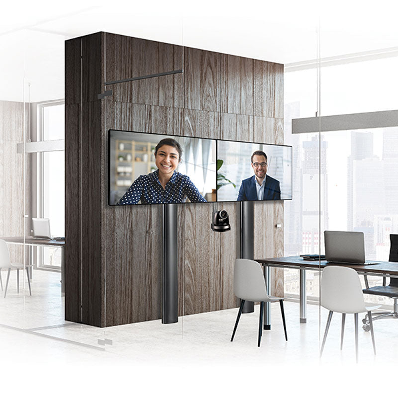 B-Tech Mode-AL Premium Floor-To-Wall Dual Screen VC Stand BT8710/B, dual-screen wall mount installed in conference room