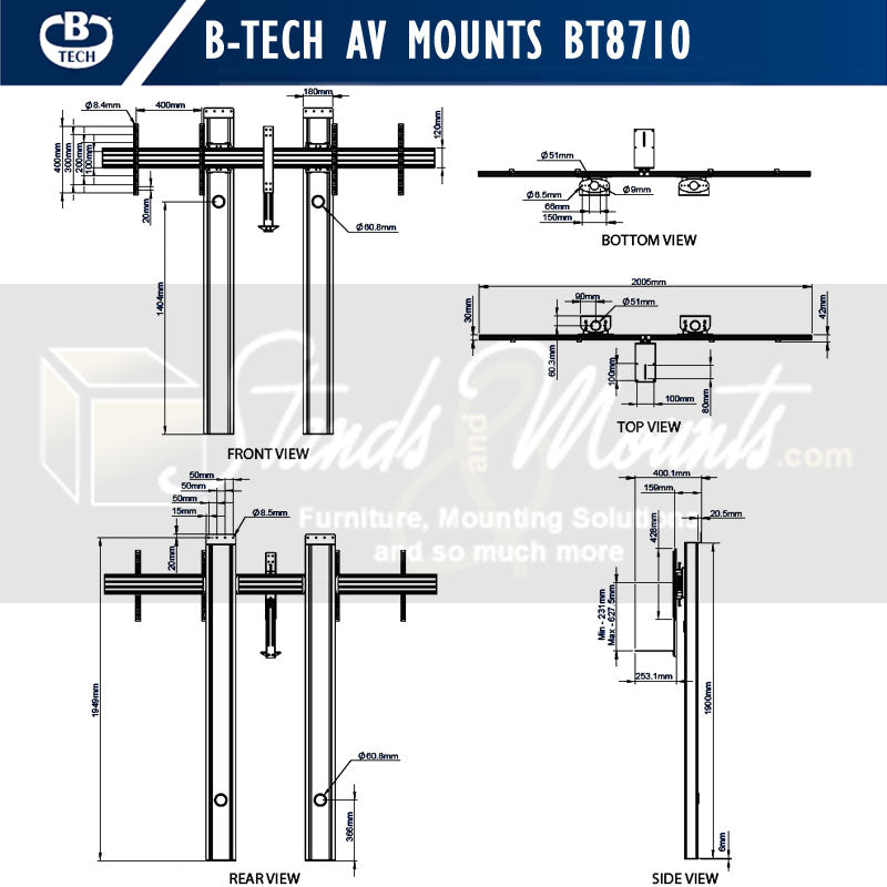 B-Tech Mode-AL Premium Floor-To-Wall Dual Screen VC Stand BT8710/B, dual-screen ceiling mount technical dimensions