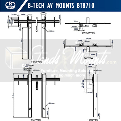 B-Tech Mode-AL Premium Floor-To-Wall Dual Screen VC Stand BT8710/B, dual-screen ceiling mount technical dimensions