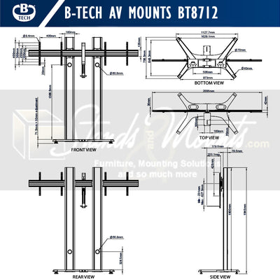 B-Tech Mode-AL Premium Freestanding Dual Screen VC Stand BT8712/B, video conferencing cart dimensions diagram
