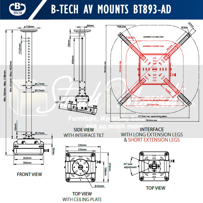 B-Tech System 2 HD Adjustable Projector Ceiling Mount BT893-AD/B, ceiling projector mount technical dimensions diagram
