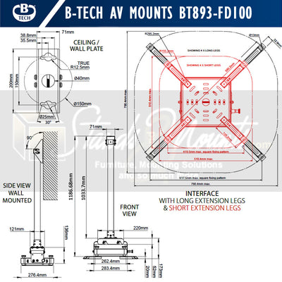 B-Tech System 2 Heavy Duty Projector Ceiling Mount BT893-FD100/B, projector mount dimensions diagram