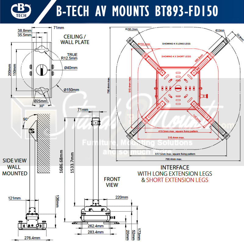 B-Tech System 2 Heavy Duty Projector Ceiling Mount BT893-FD150/B, ceiling display mount dimensions diagram