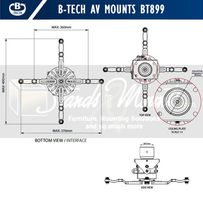 B-Tech System 2 Universal Projector Ceiling Mount BT899/W, projector ceiling mount dimensions diagram
