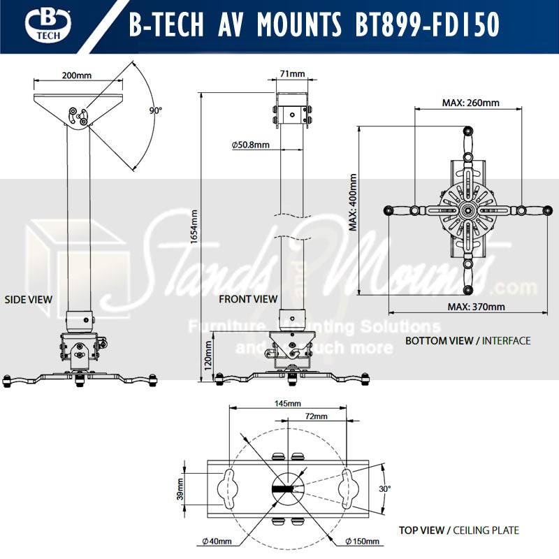 B-Tech System 2 Universal Projector Ceiling Mount BT899-FD150/B, ceiling projector mount dimensions diagram