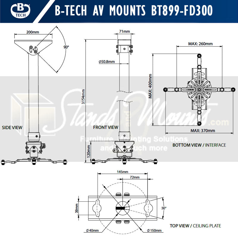B-Tech System 2 Univ Projector Ceiling Mount BT899-FD300/B, projector ceiling mount technical dimensions