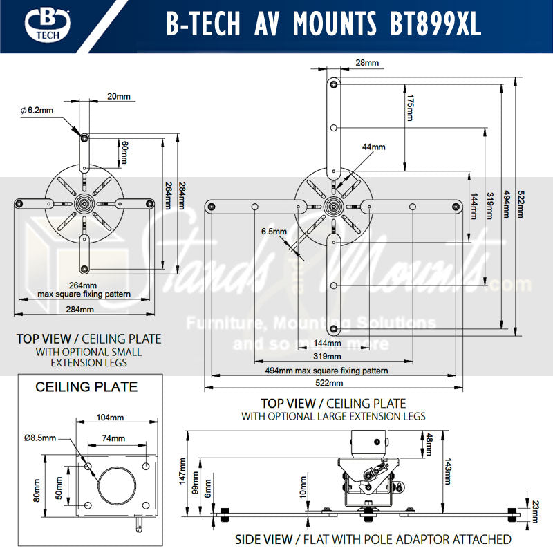 B-Tech System 2 Adjustable XL Projector Ceiling Mount BT899XL-AD/B, projector ceiling mount dimensions diagram