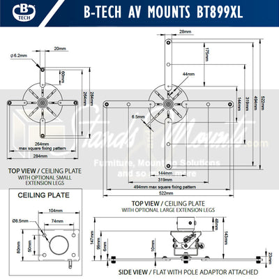 B-Tech System 2 Adjustable XL Projector Ceiling Mount BT899XL-AD/B, projector ceiling mount dimensions diagram