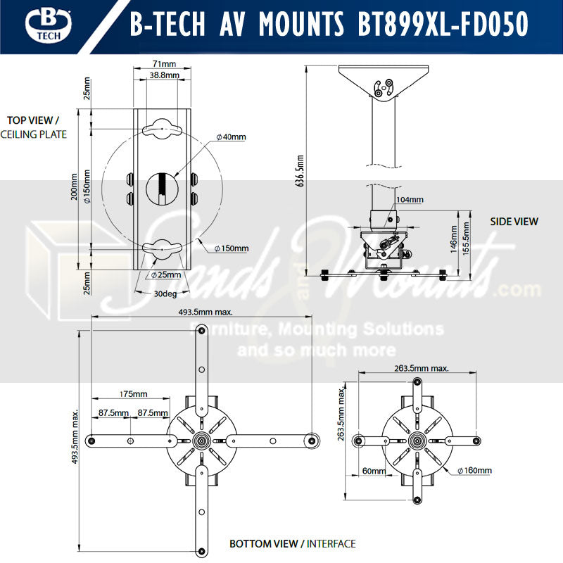 B-Tech System 2 XL Projector Ceiling Mount BT899XL-FD050/B, ceiling projector mount technical dimensions diagram