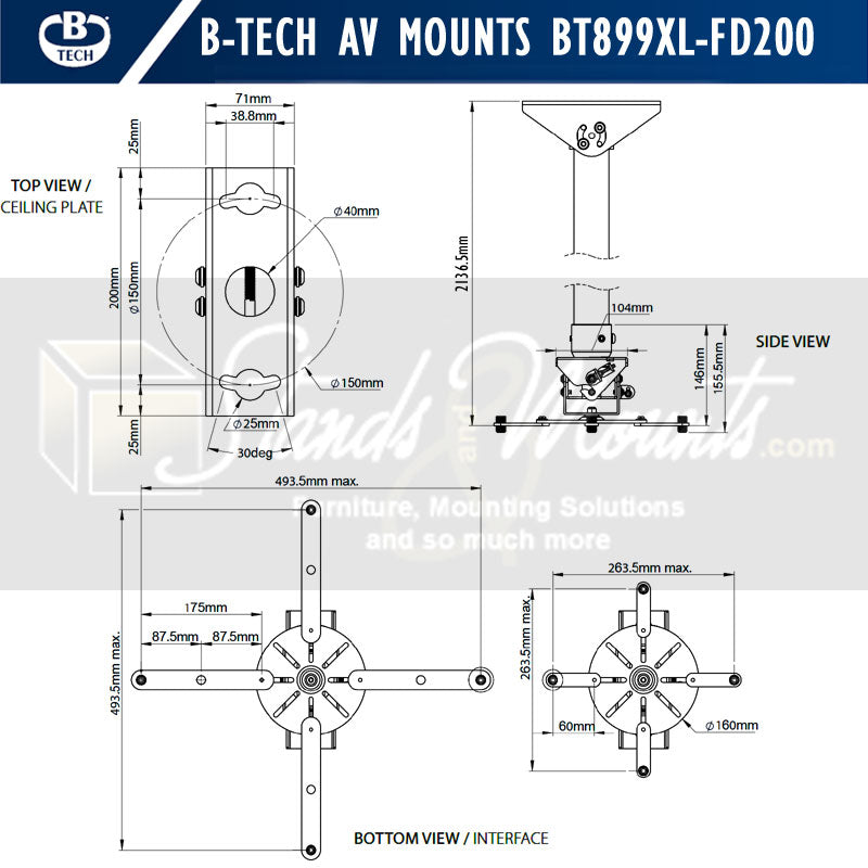 B-Tech System 2 XL Projector Ceiling Mount BT899XL-FD200/B, ceiling display mount dimensions diagram