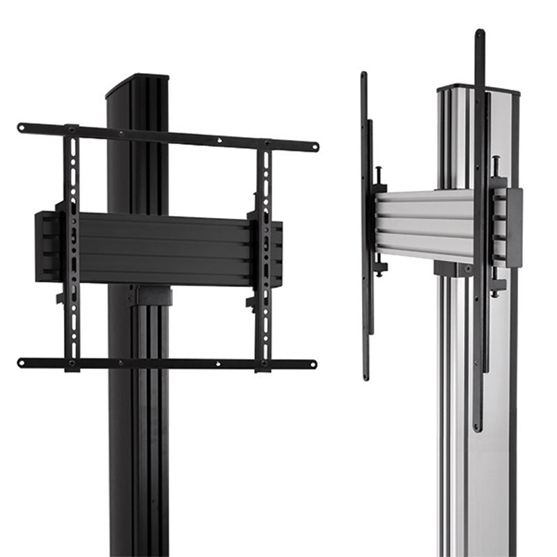 B-Tech System X Dual Stack TV Floor Stand BTF842/BB, floor stand display mounting bracket front and side views