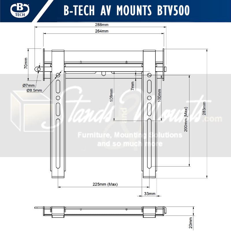 B-Tech Medium Fixed TV Wall Mount BTV500/B, TV wall mount dimensions diagram