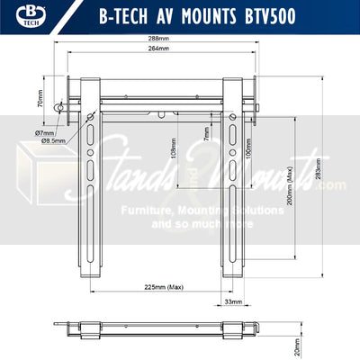 B-Tech Medium Fixed TV Wall Mount BTV500/B, TV wall mount dimensions diagram