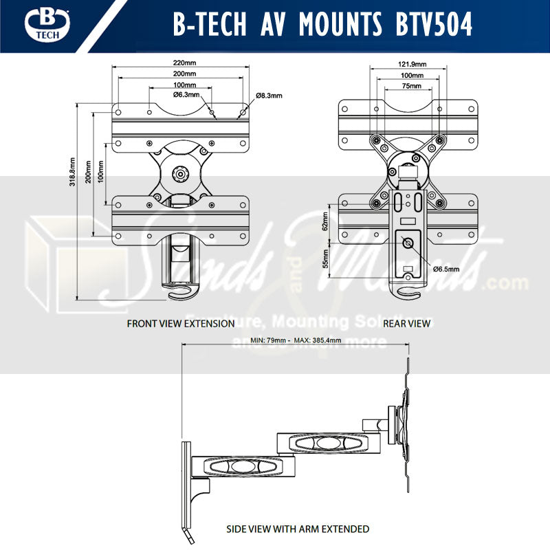 B-Tech Medium Dual Arm TV Wall Mount BTV504/B, articulating wall mount technical dimensions diagram
