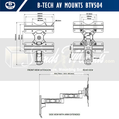 B-Tech Medium Dual Arm TV Wall Mount BTV504/B, articulating wall mount technical dimensions diagram