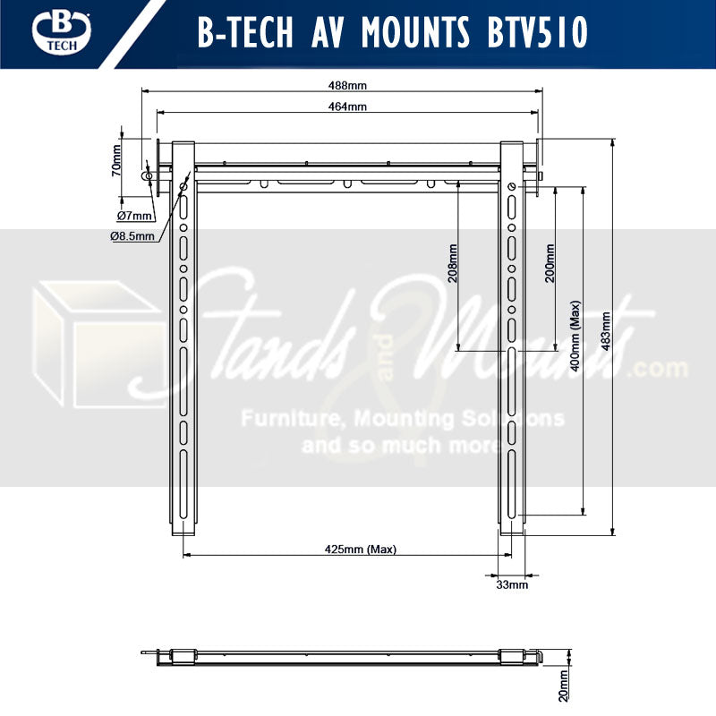 B-Tech Large Fixed TV Wall Mount BTV510/B, TV wall mount dimensions diagram