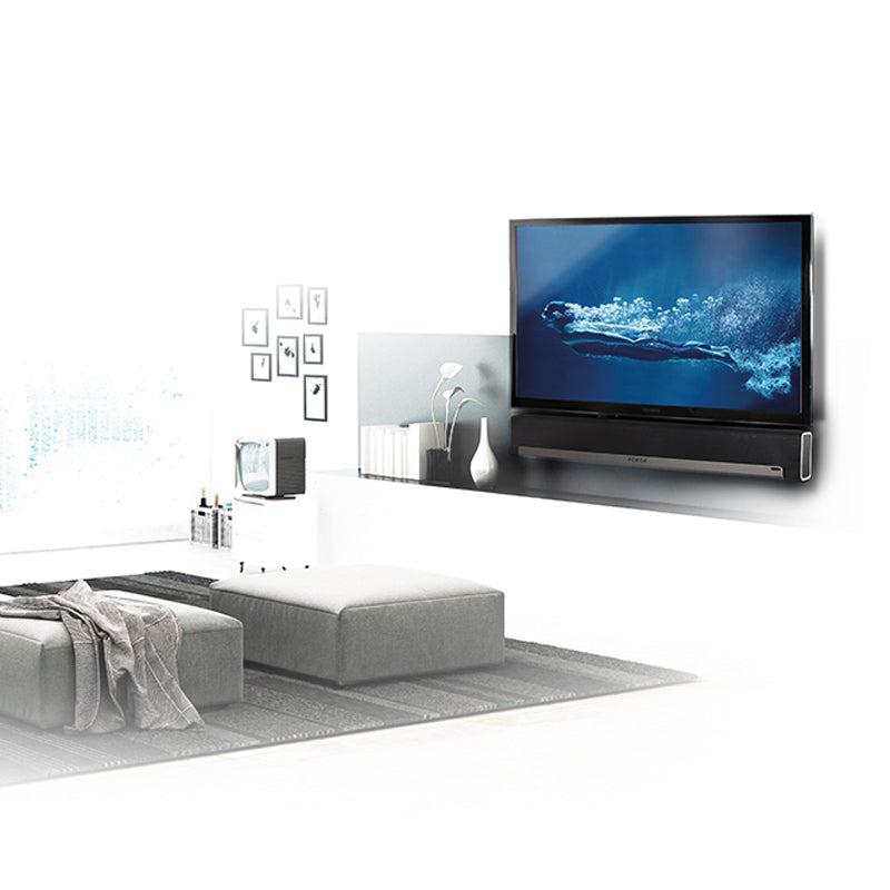 B-Tech Universal Soundbar Speaker Mount BTV914/B, TV lift installed living room view