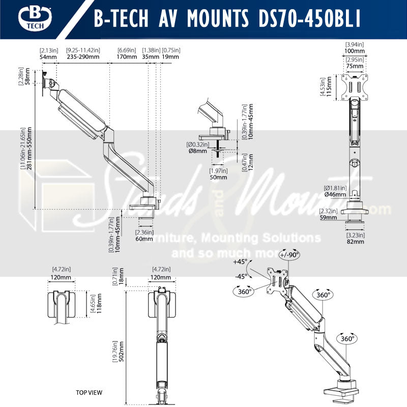 B-Tech Neomounts Full Motion Desk Mount DS70-450BL1, gas-spring monitor arm dimensions diagram