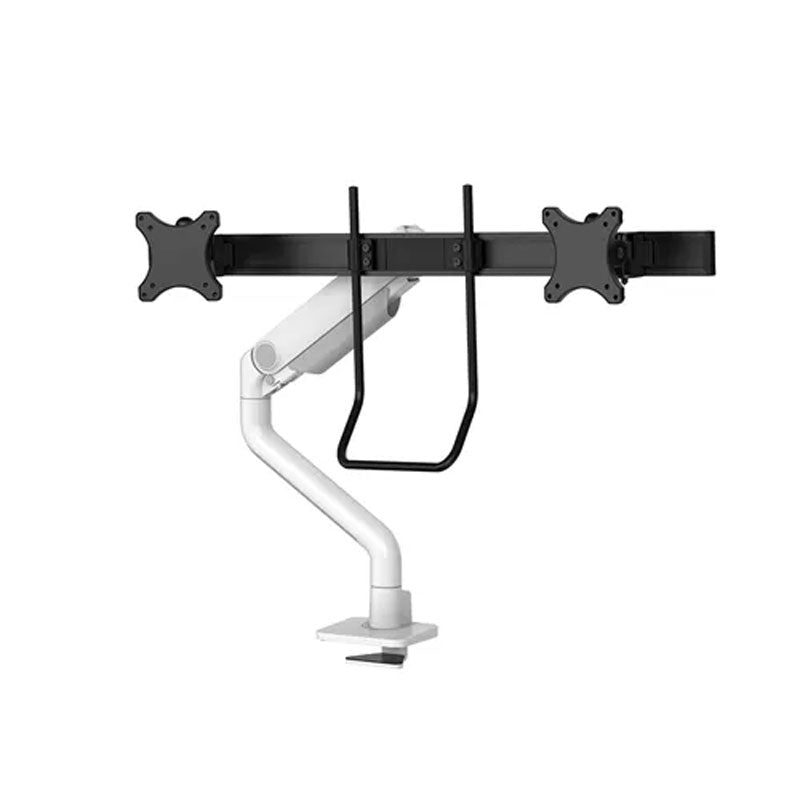 B-Tech Neomounts Full Motion Desk Monitor Arm DS75S-950WH2, triple-monitor crossbar with laptop tray front view