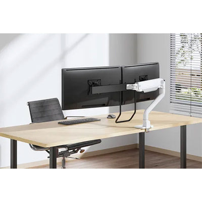 B-Tech Neomounts Full Motion Desk Monitor Arm DS75S-950WH2, dual-monitor workstation installed on desk