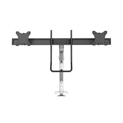 B-Tech Neomounts Full Motion Desk Monitor Arm DS75S-950WH2, triple-monitor crossbar with laptop tray rear view