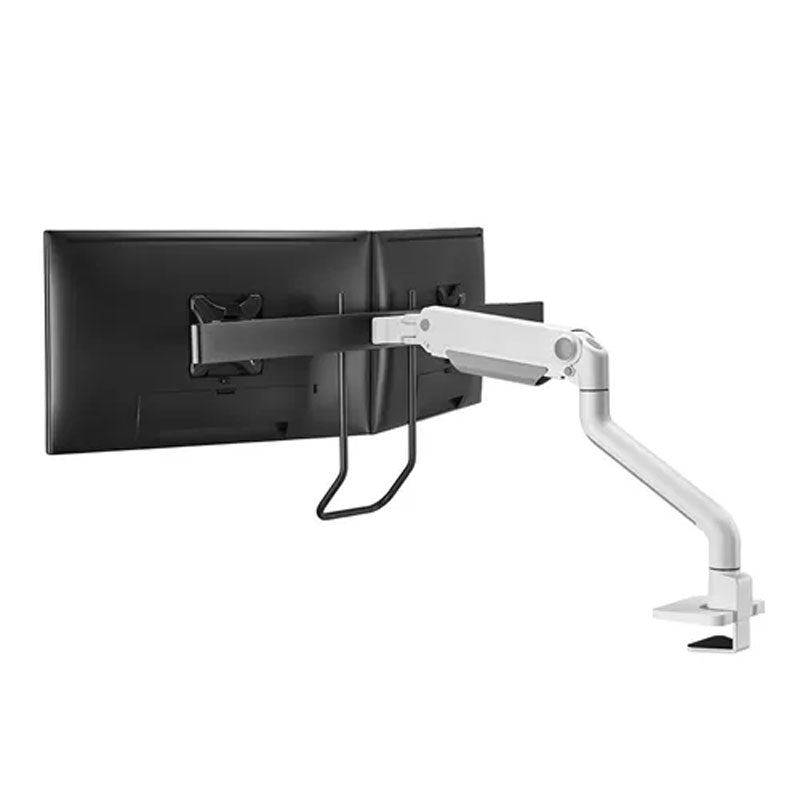 B-Tech Neomounts Full Motion Desk Monitor Arm DS75S-950WH2, triple-monitor mount installed rear view