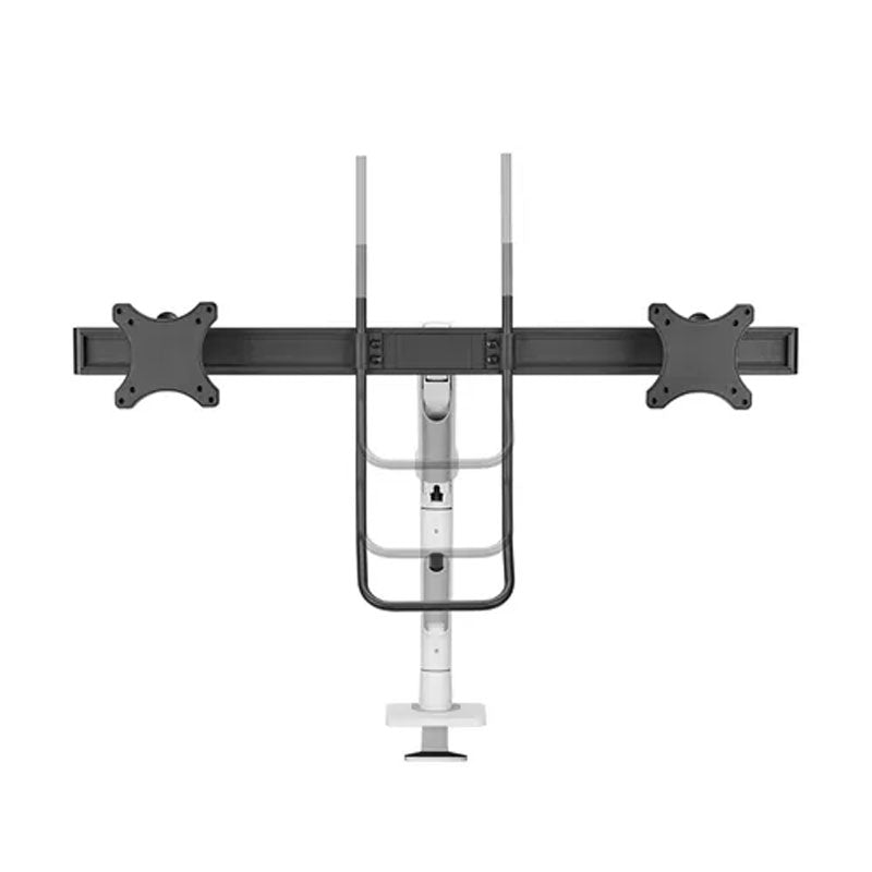 B-Tech Neomounts Full Motion Desk Monitor Arm DS75S-950WH2, triple-monitor crossbar rear view